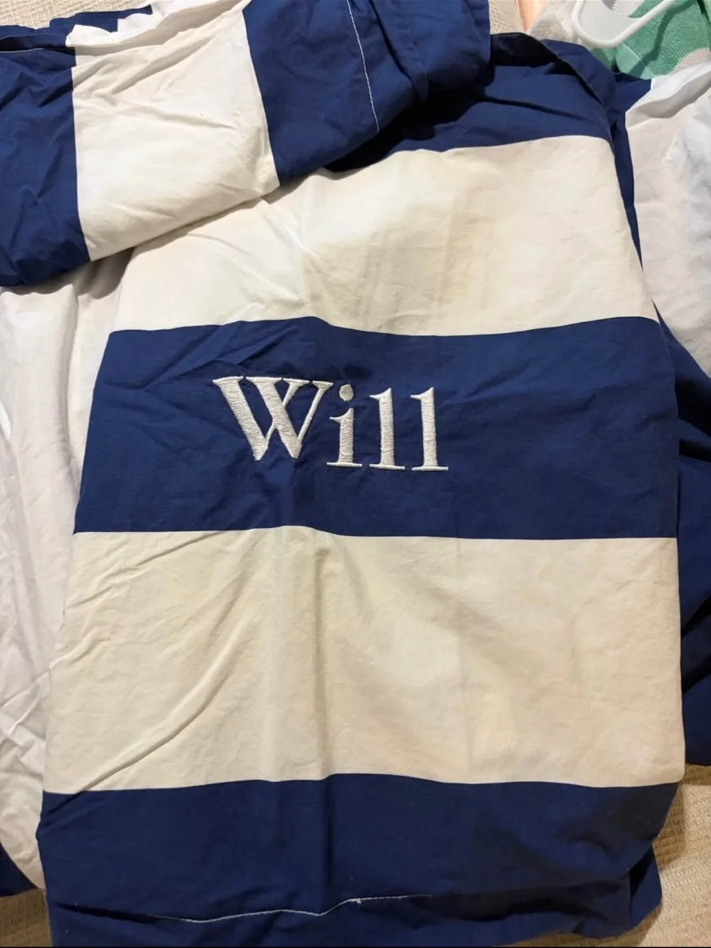 Pottery Barn Kids set of two navy and white stripe duvet covers with shams